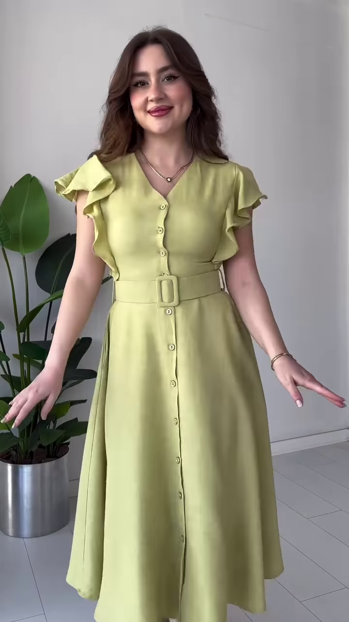 Elegant Light Blue Midi Dress with Ruffle Sleeves, Belt, and Button Front