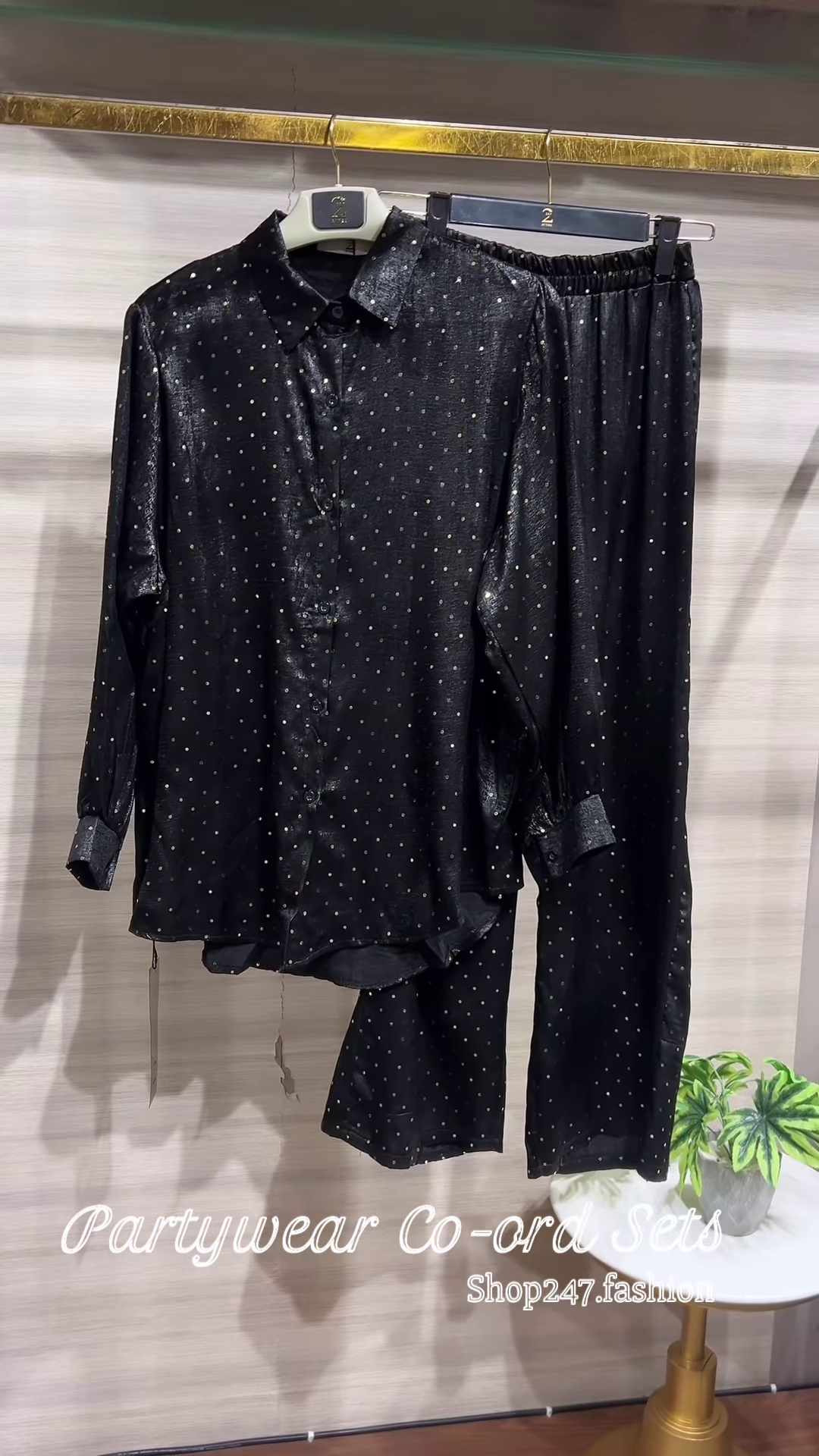 Elegant Black Partywear Co-ord Set with Embellished Top and Wide-Leg Pants