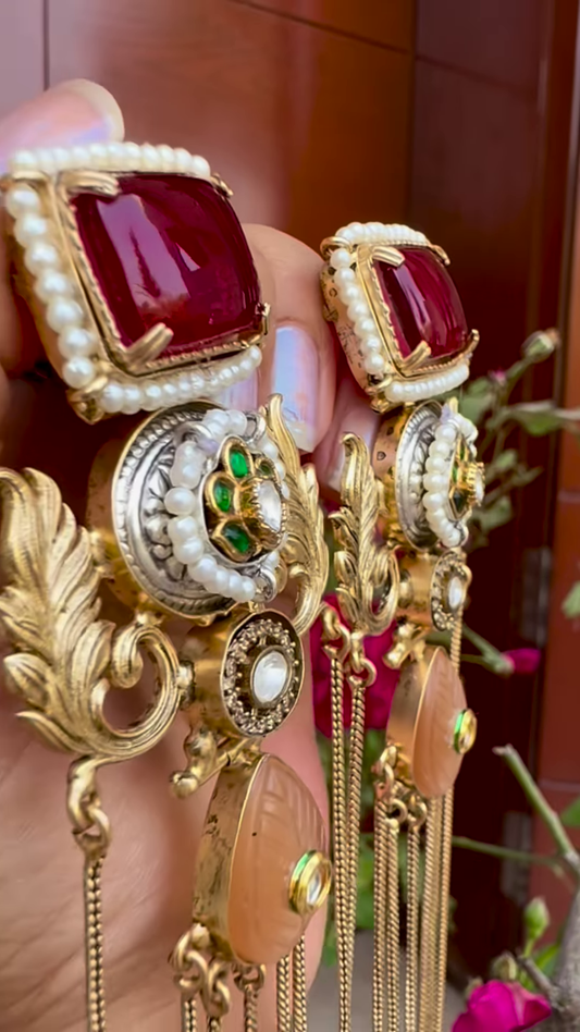 Elaborate Gold-Toned Kashmiri Jhumka Earrings with Gemstones and Chain Dangles