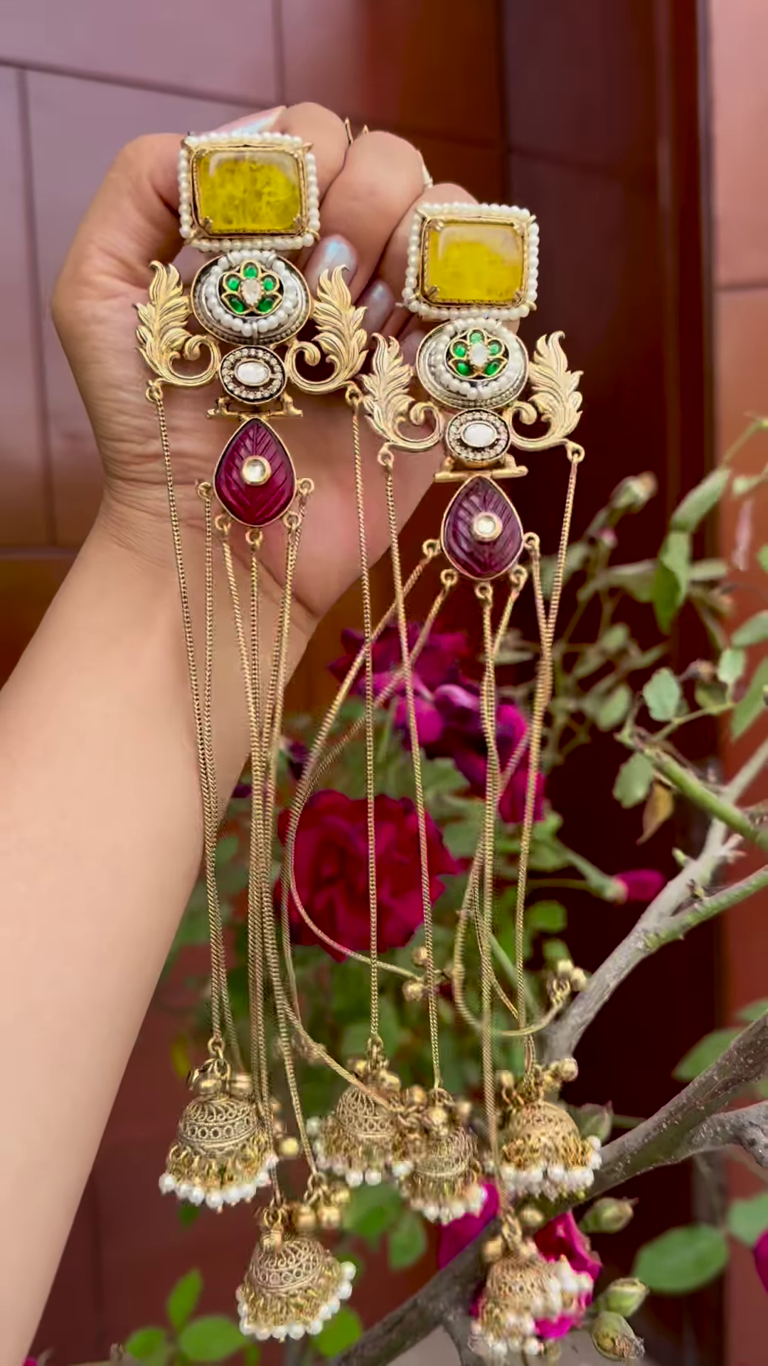 Elaborate Gold-Toned Kashmiri Jhumka Earrings with Gemstones and Chain Dangles