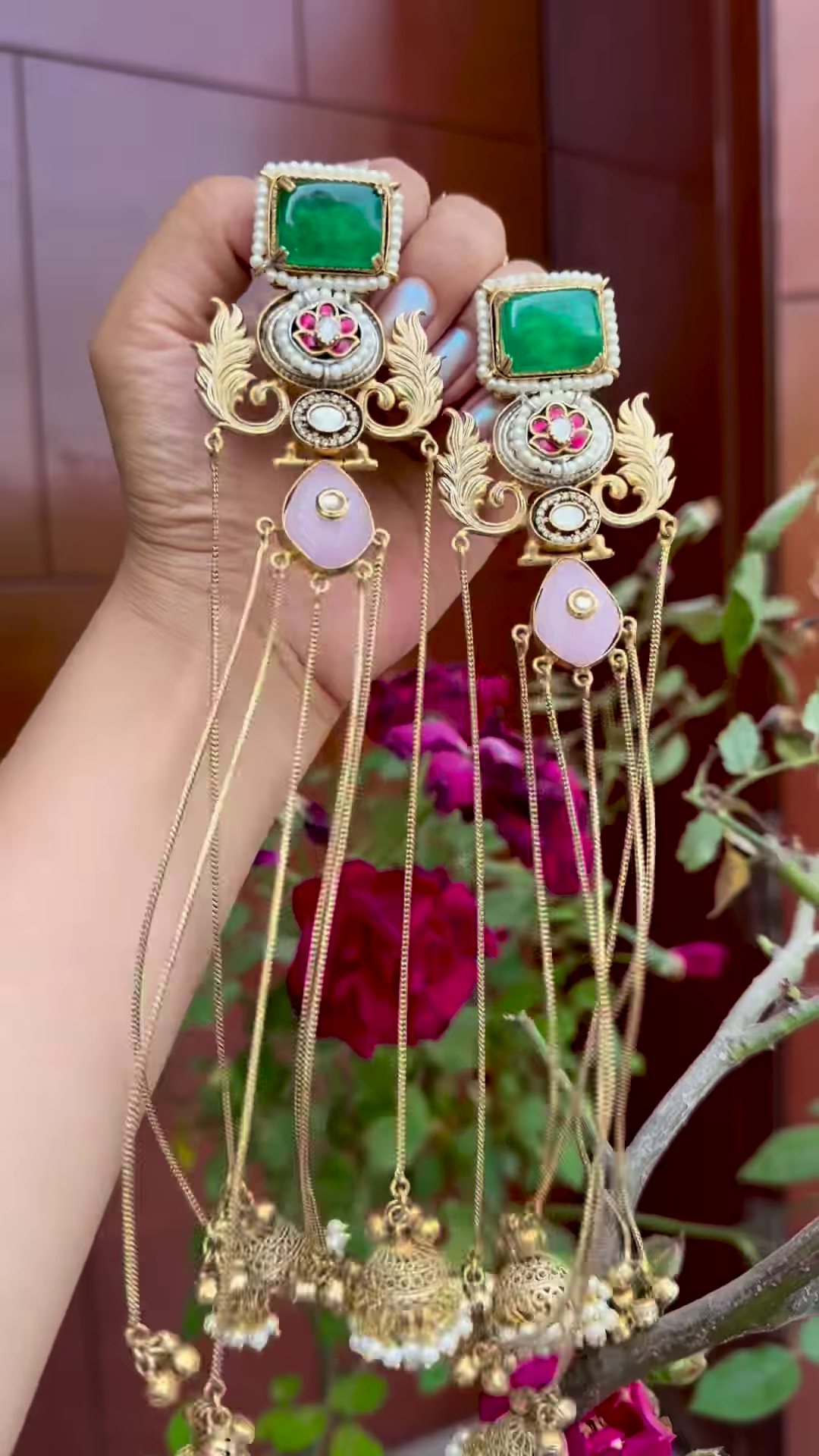 Elaborate Gold-Toned Kashmiri Jhumka Earrings with Gemstones and Chain Dangles