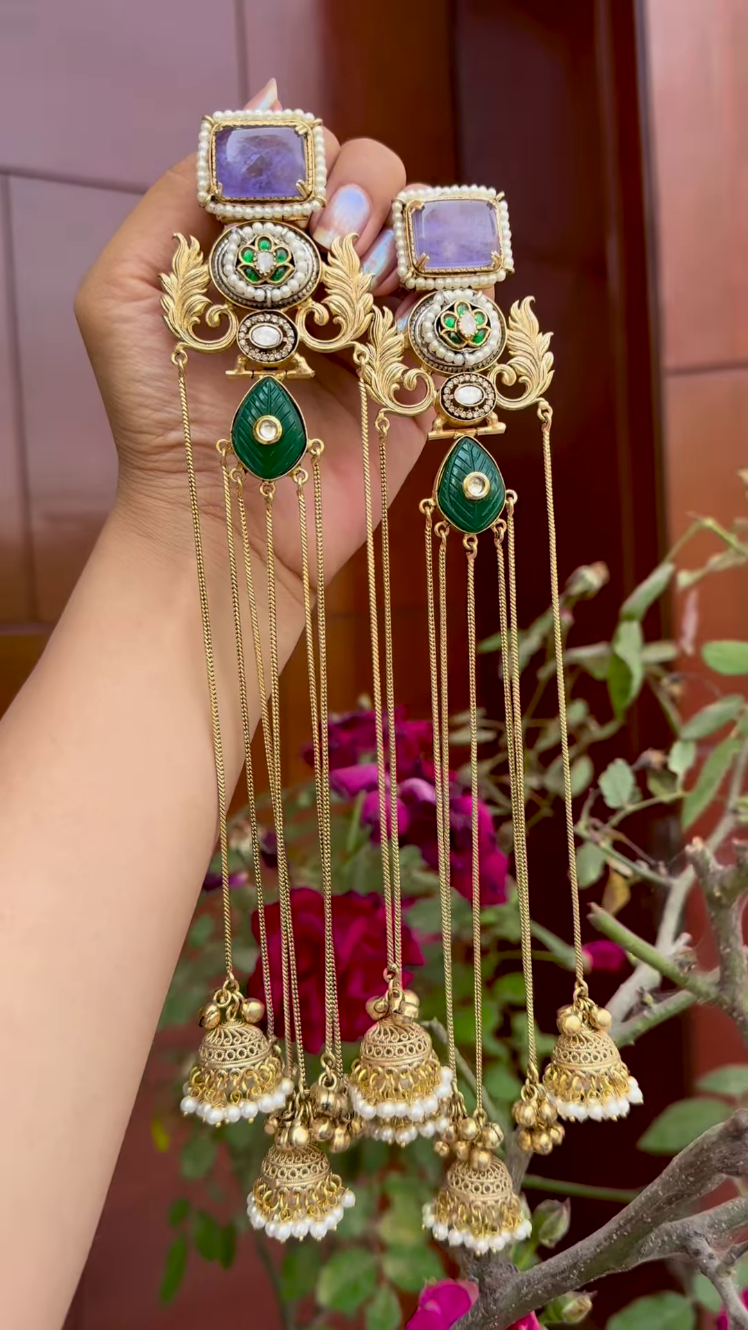 Elaborate Gold-Toned Kashmiri Jhumka Earrings with Gemstones and Chain Dangles