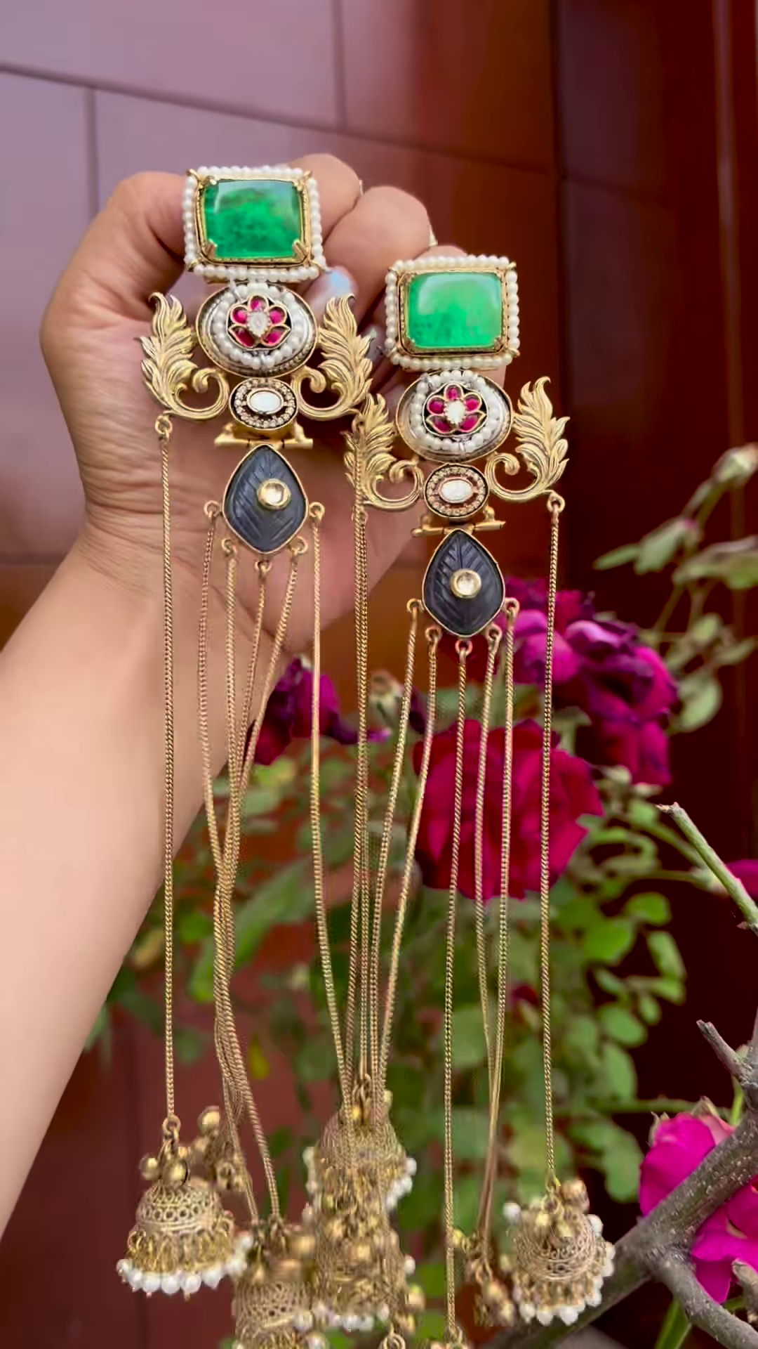 Elaborate Gold-Toned Kashmiri Jhumka Earrings with Gemstones and Chain Dangles