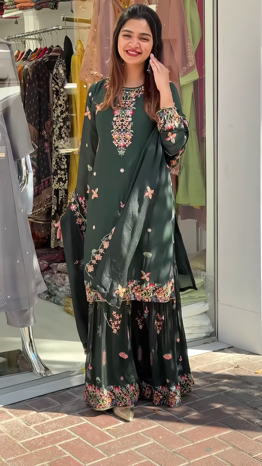 Elegant Embroidered Gharara Suit Set with Matching Dupatta