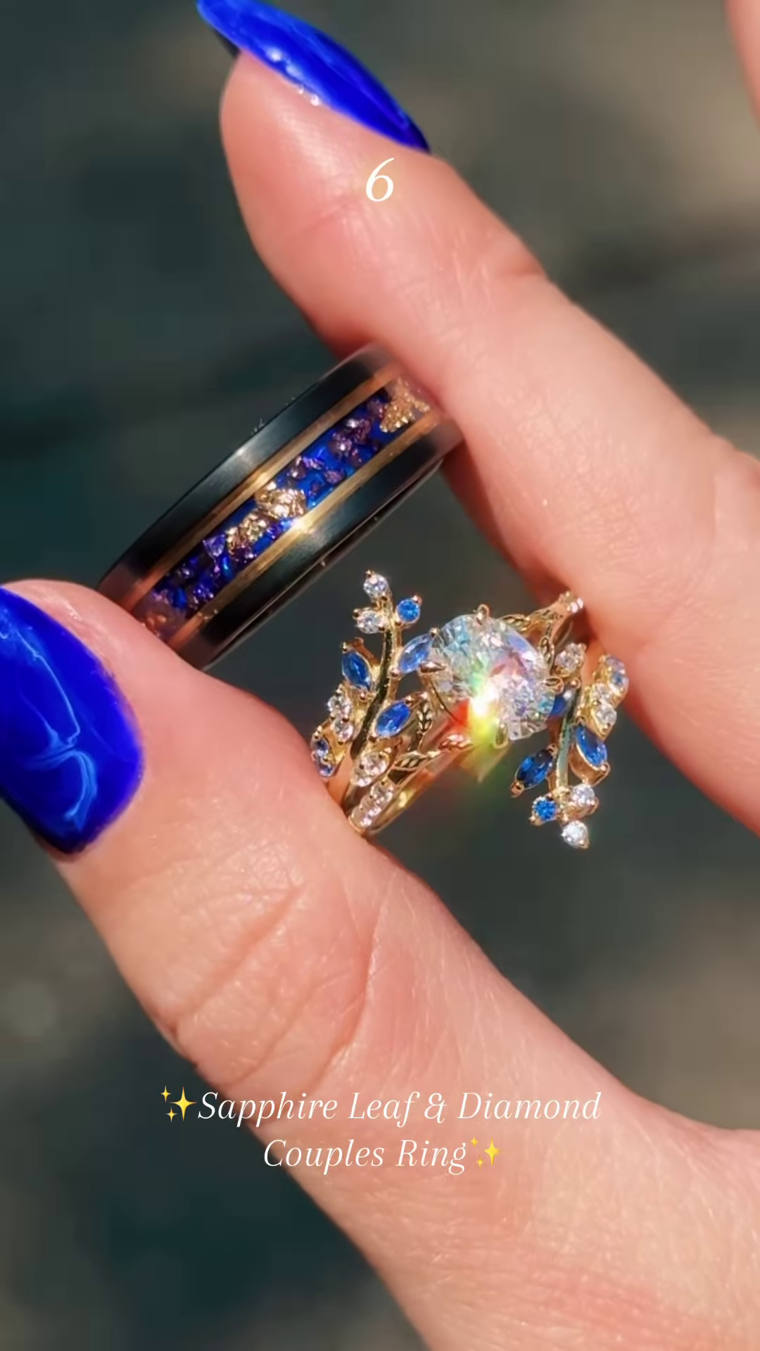 Elegant Two-Tone Couple's Ring Set: Modern Black Band with Purple Sparkle & Silver-Toned Leaf-Inspired Ring with Clear and Lilac Gemstones