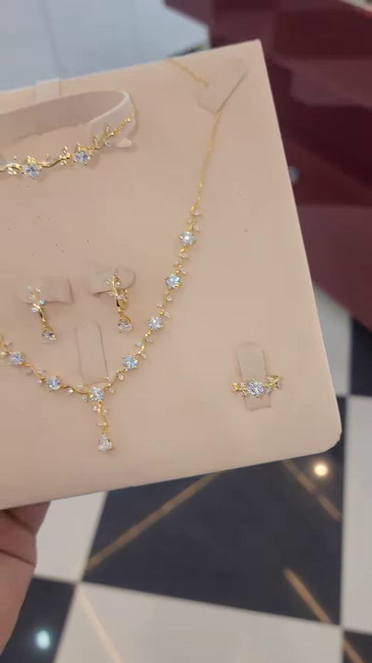 Elegant Gold-Toned Four-Piece Jewelry Set with Dazzling Floral Cluster Gemstones