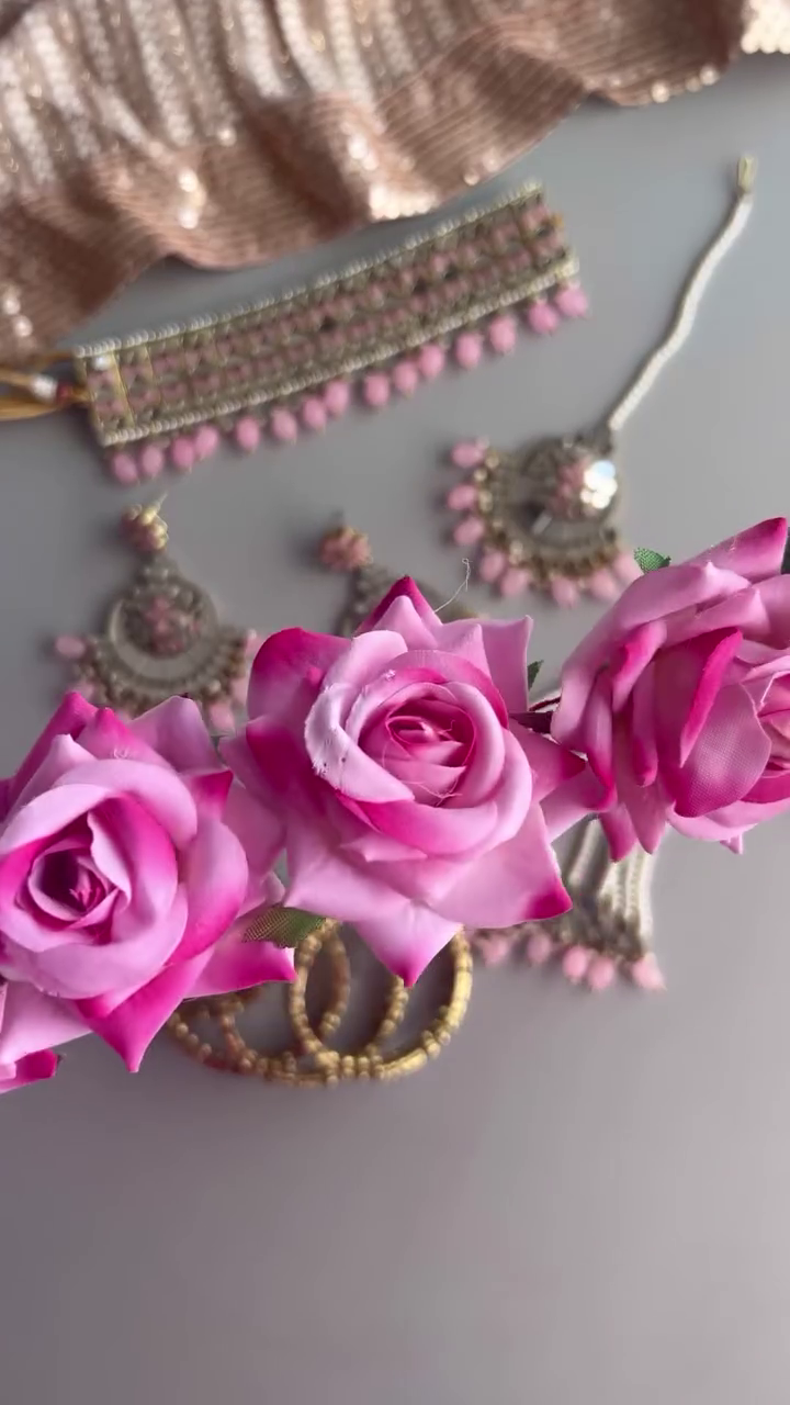 Elegant Silver-Toned Choker Jewelry Set with Pink Beaded Drops and Matching Maang Tikka & Earrings