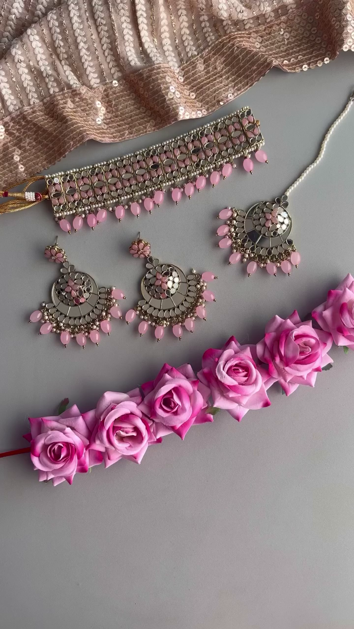 Elegant Silver-Toned Choker Jewelry Set with Pink Beaded Drops and Matching Maang Tikka & Earrings
