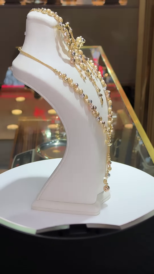 Elegant Multi-Tone Gold Bead Jewelry Set with Dangle Necklace, Earrings, and Ring