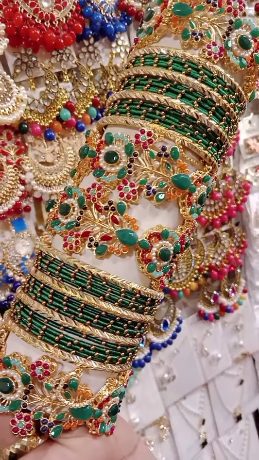 Vibrant Green and Gold-Toned Bangle and Earring Set with Intricate Gemstone Embellishments