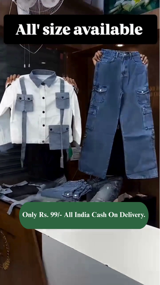 Cotton Denim Suspender Shirt & Jeans Set