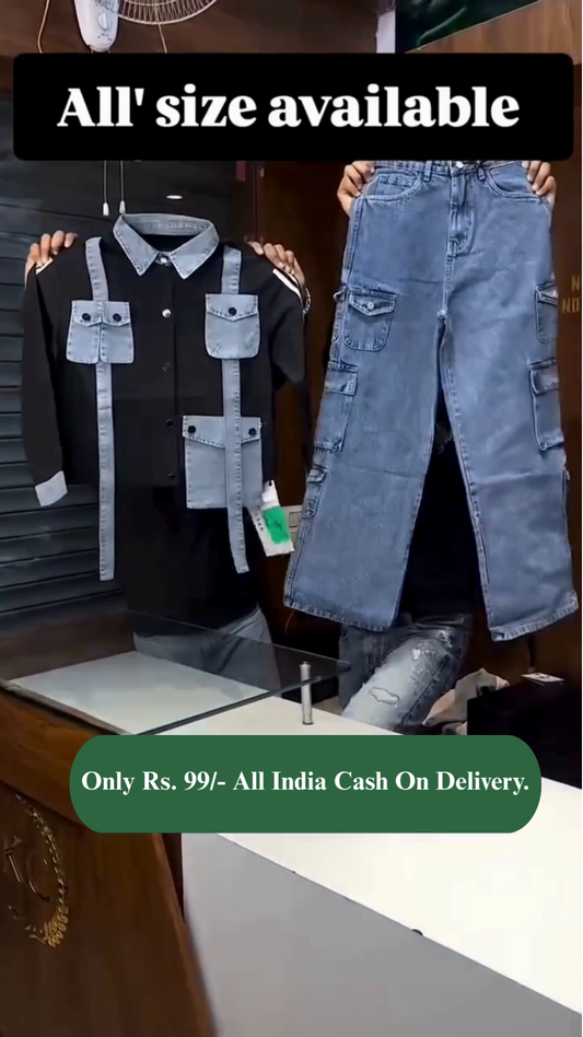 Cotton Denim Suspender Shirt & Jeans Set