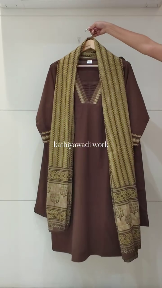 Brown Kathiyawadi Work Cotton Kurta Set with Printed Dupatta
