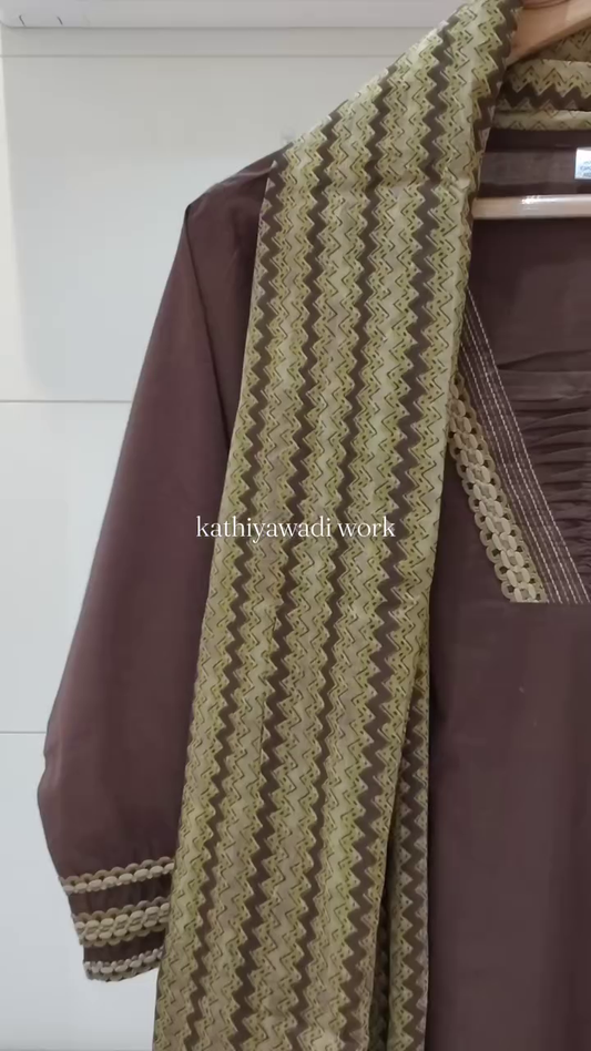 Brown Kathiyawadi Work Cotton Kurta Set with Printed Dupatta
