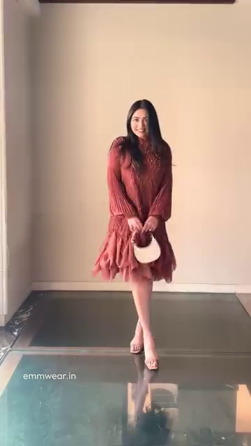 Rust Pleated Lace Dress