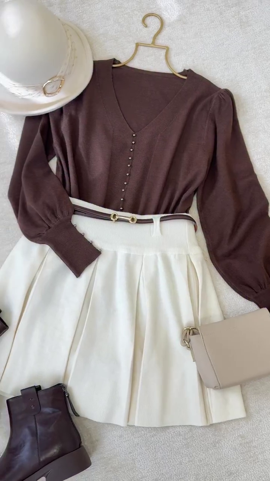 Women’s Brown V-Neck Puff Sleeve Top with Pleated Cream Skirt