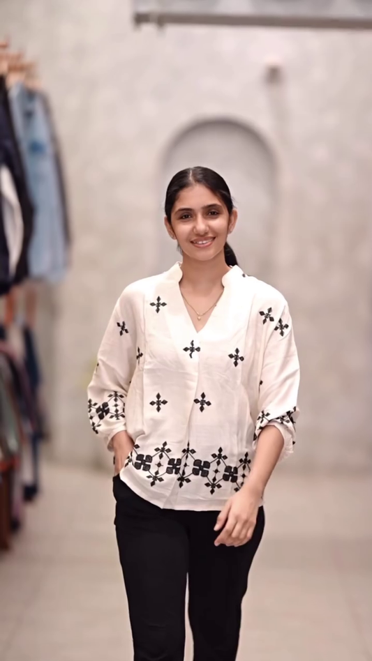 Casual & Office Wear Tunic with Black Floral Pattern