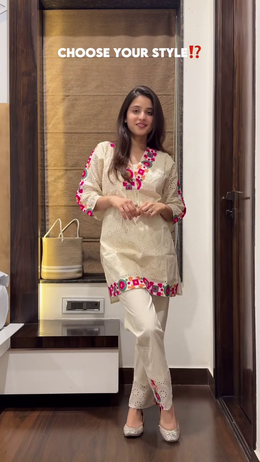 Chic Cream Cotton Kurta Set with Vibrant Pink Embroidery
