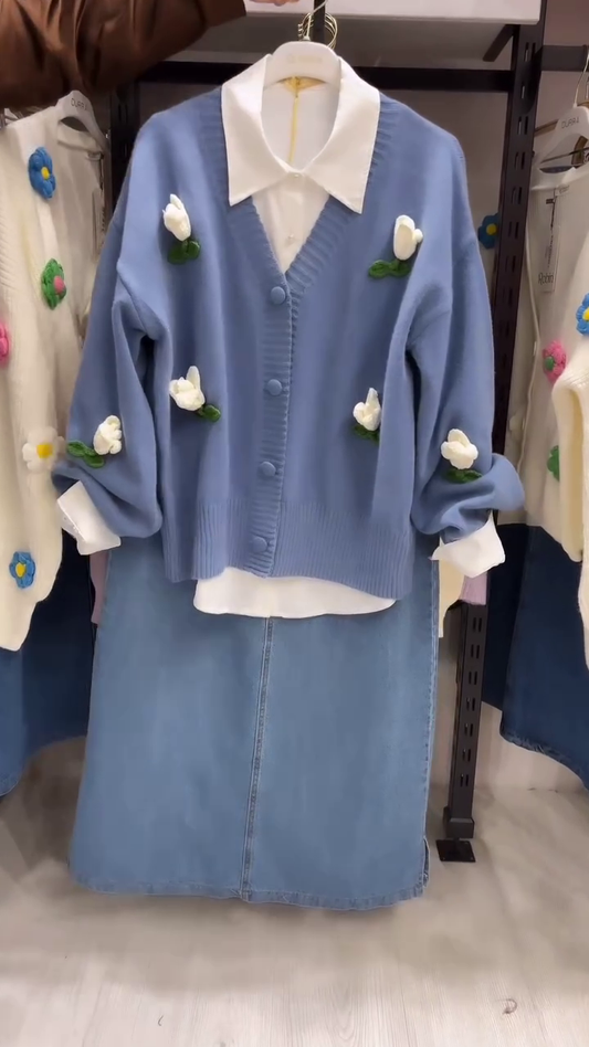 Chic Blue Floral Knit Cardigan with White Shirt & Denim Skirt Set