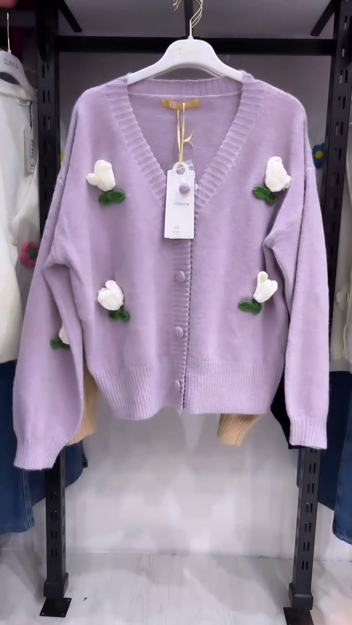 Chic Blue Floral Knit Cardigan with White Shirt & Denim Skirt Set